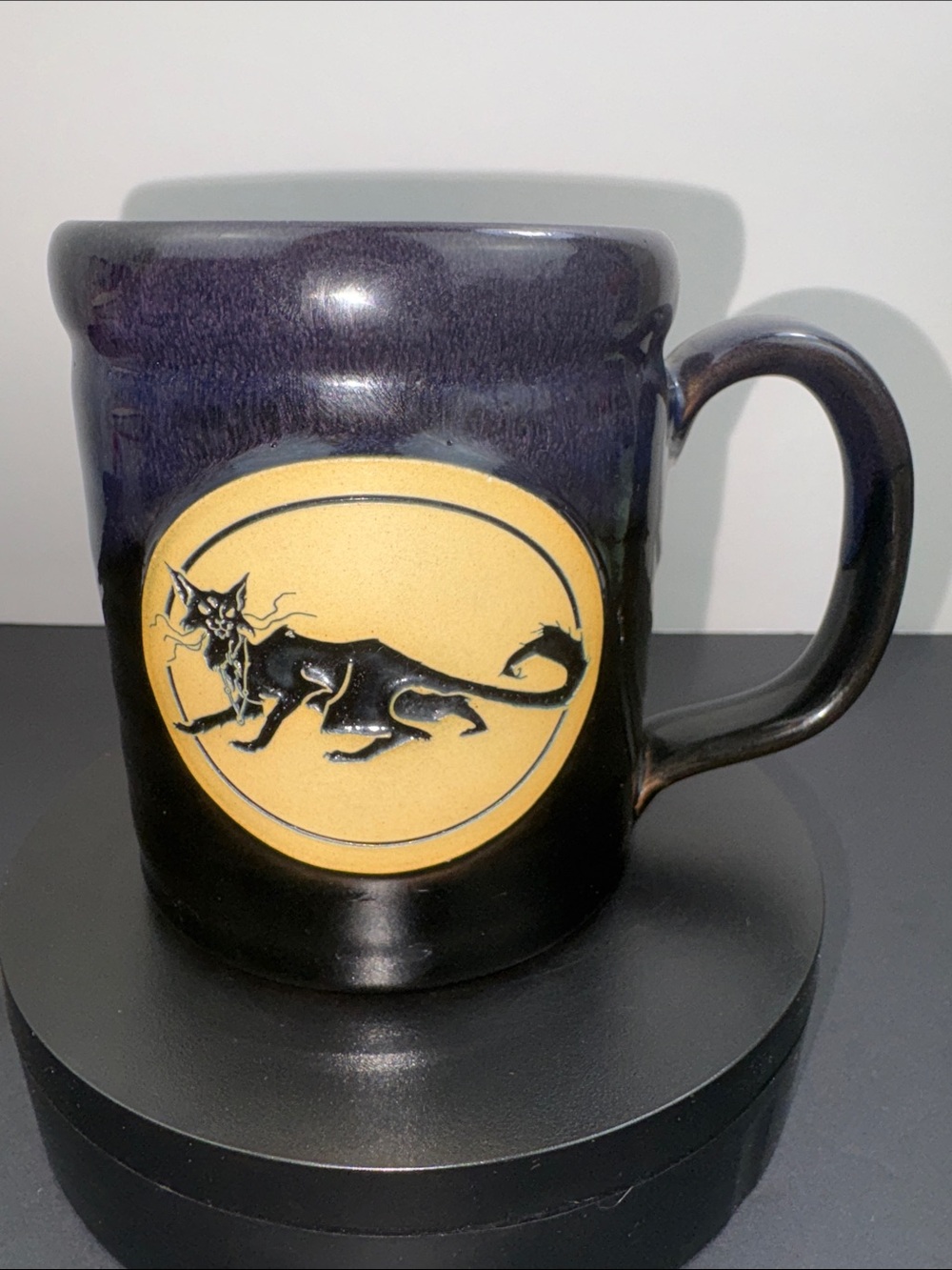 Daneen Pottery Mug Black Cat Blue Drip Stamped Medallion Handmade 2019 Witchy